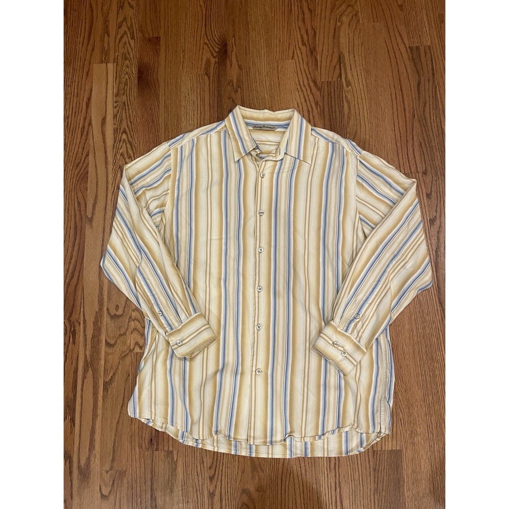 Tommy Bahama Men's 100% Silk Yellow Blue Striped Long Sleeve Shirt Size Medium - Picture 2 of 9